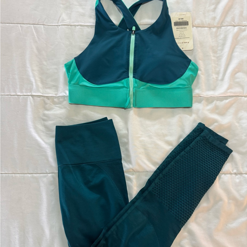 Fabletics Teal and Dark Green Sports Bra and leggings set